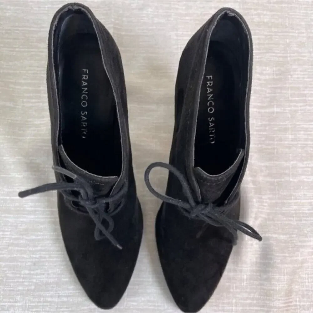Franco Sarto Leandra Women Black Suede Lace-Up Block Heel Ankle Boots 8.5